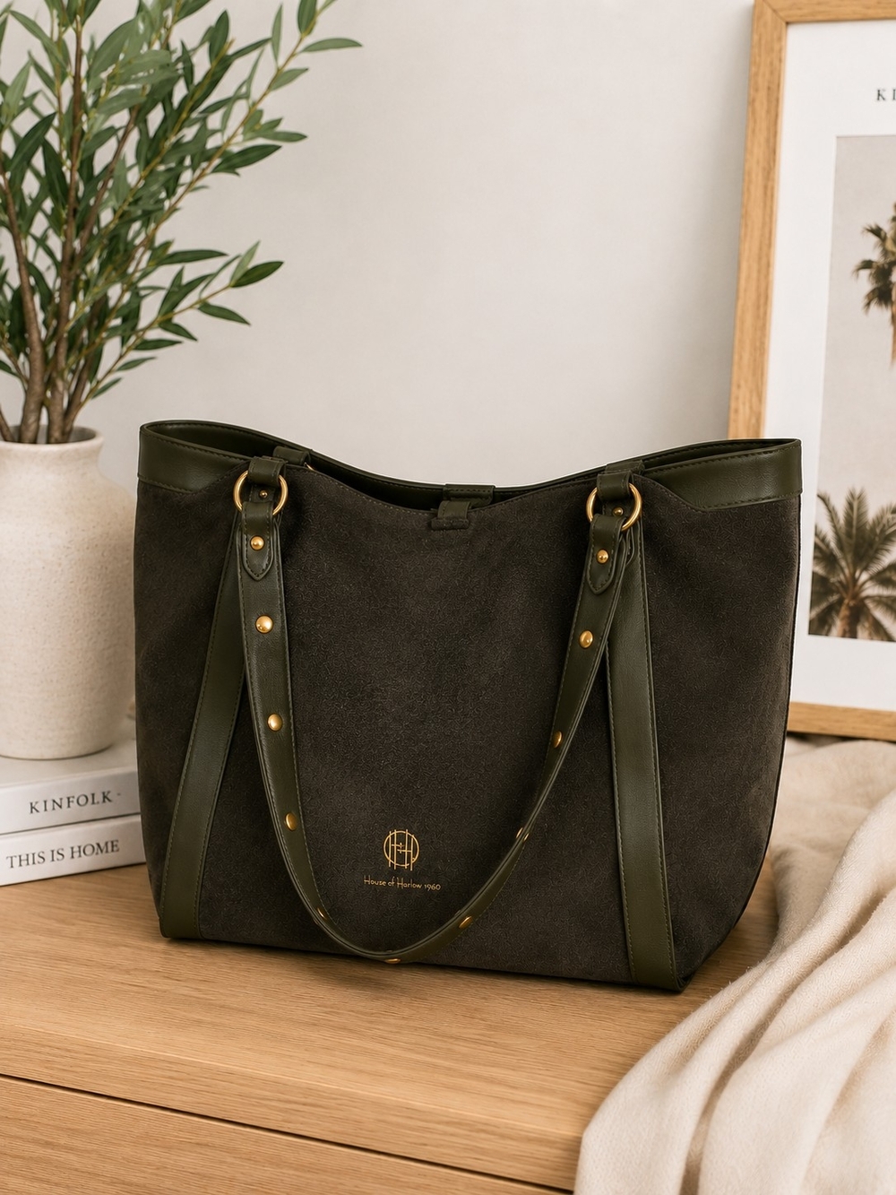 House of Harlow 1960 Reversible Faux Suede & Faux Leather Oversized Tote, Green